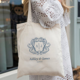 Trouw met Rambling Rose Steel Blue Monogram Crest Tote Bag