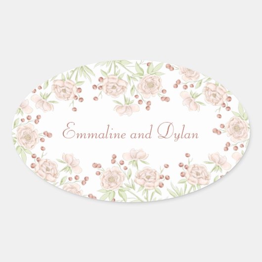 Trouw met Roze Roos Blush Ovale Sticker (Voorkant)