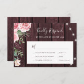 Trouw met roze rozen rustieke Bourgondiër hout RSVP Kaartje (Voorkant / Achterkant)