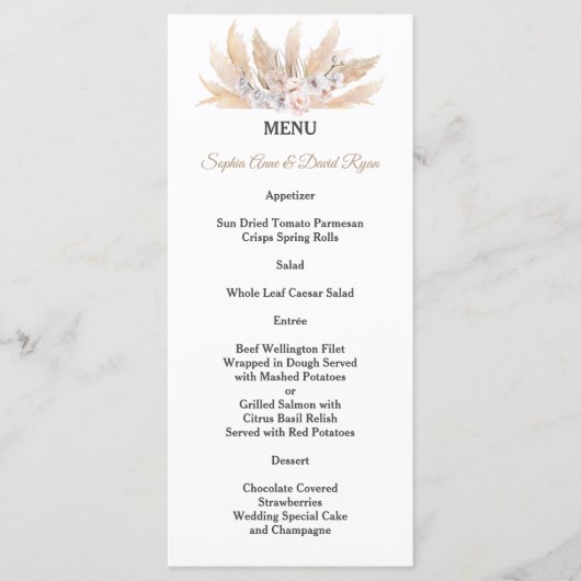 Trouw met Roze Rozen Witte Orchidee Pampas Gras Menu (Voorkant)