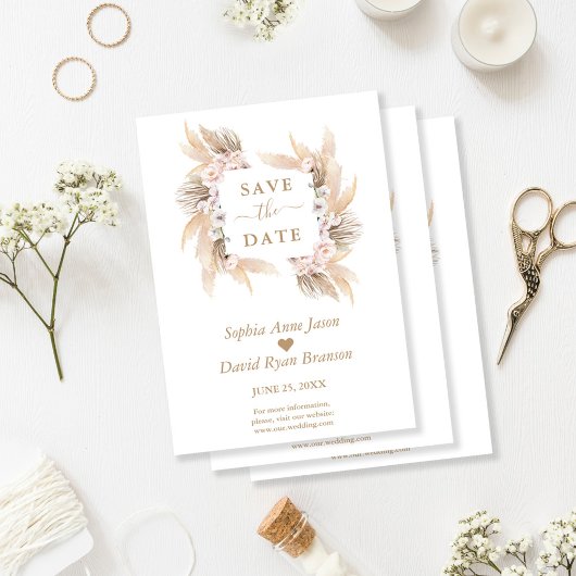Trouw met Roze Rozen Witte Orchidee Pampas Gras Save The Date