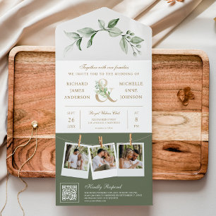 Trouw met Sage Greenery Gold Ampersand QR Code All In One Uitnodiging
