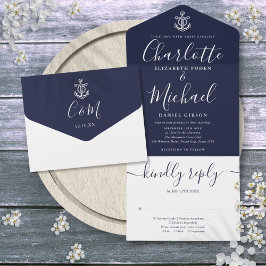 Trouw met scheepsanker in Navyblauw en witte scrip All In One Uitnodiging