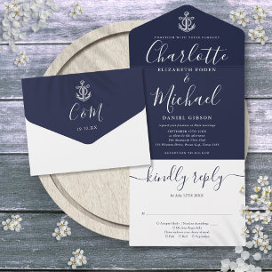 Trouw met scheepsanker in Navyblauw en witte scrip All In One Uitnodiging