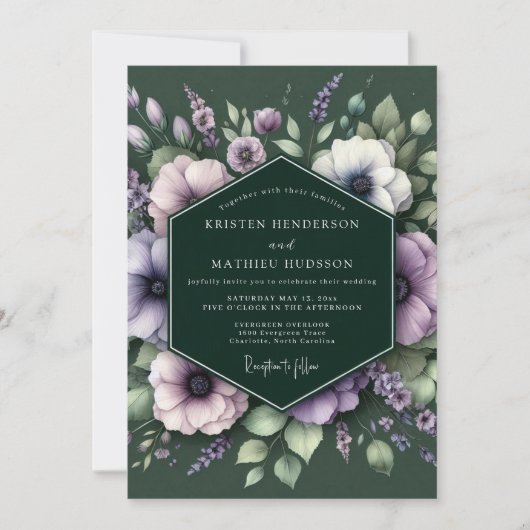 Trouw met smaragdgroene anemoon in mauve kaart (Voorkant)