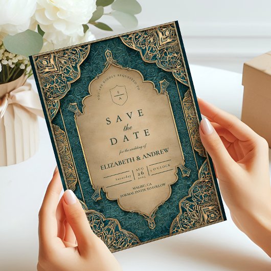 Trouw met smaragdgroene islamitische goud save the date