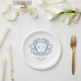 Trouw met stalen blauwe monogram kam Rambling Rose Papieren Bordje