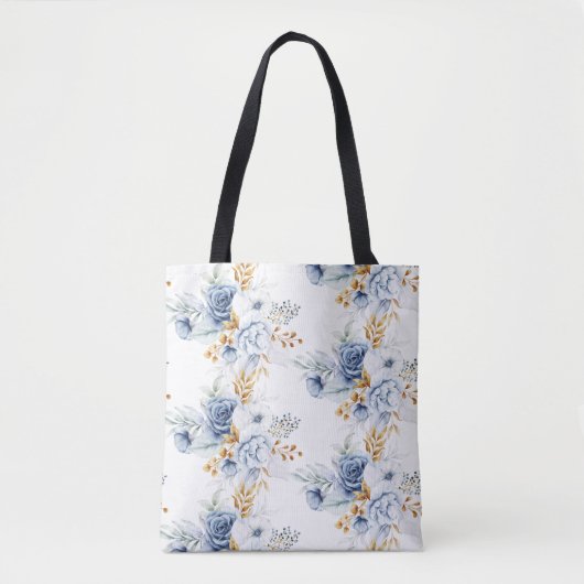 Trouw met Stofblauw Witte Gouden Bloem Tote Bag (Voorkant)