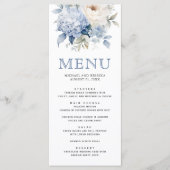 Trouw met stoffig blauwe en witte bloemen menu (Voorkant)