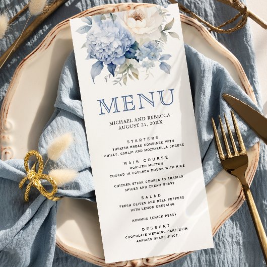 Trouw met stoffig blauwe en witte bloemen menu