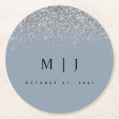 Trouw met stoffig blauwe en zilveren glitter ronde kartonnen onderzetter (Voorkant)