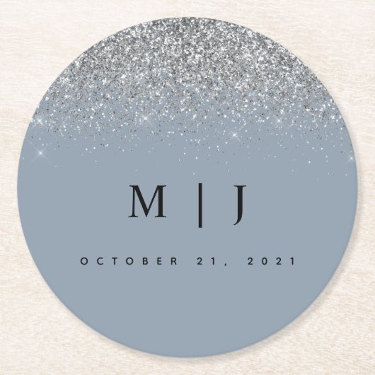 Trouw met stoffig blauwe en zilveren glitter ronde kartonnen onderzetter (Voorkant)
