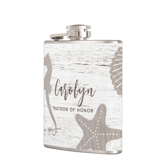 Trouw met strandthema houtnerf heupfles (Links)