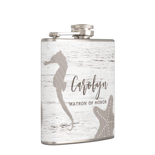 Trouw met strandthema houtnerf heupfles (Rechts)