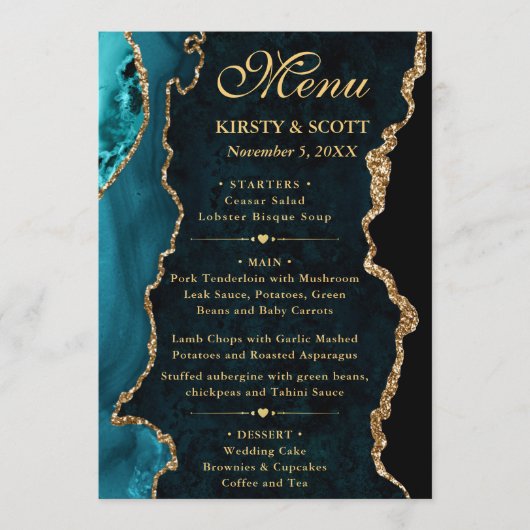 Trouw met Teal en Gouden Nep Glitter Agate Menu (Voorkant)