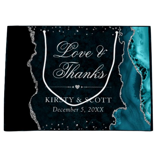 Trouw met Teal en Zilver Glitter Agate Groot Cadeauzakje (Voorkant)
