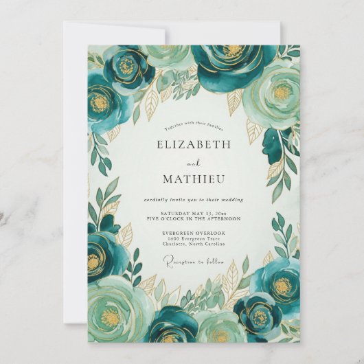 Trouw met Teal Gold Luxe Botanische Stijl Kaart (Voorkant)