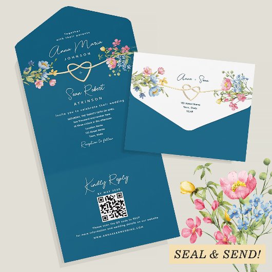 Trouw met teal wilde bloemen all in one uitnodiging