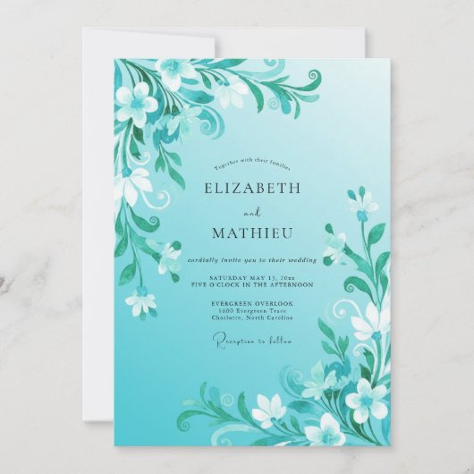 Trouw met turquoise bloemenswirl kaart (Voorkant)
