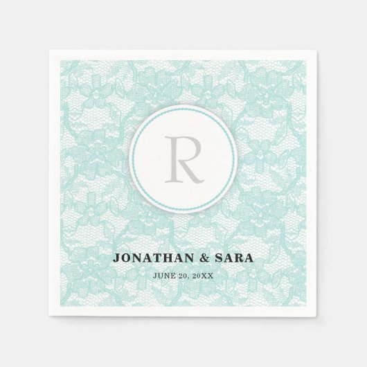 Trouw met Turquoise Kanten Monogram Servetten (Voorkant)