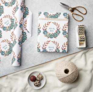 Trouw met Turquoise Rozen en Koperen Bladeren Cadeaupapier