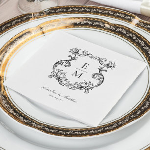 Trouw met vintage barok monogram wapenschild servet