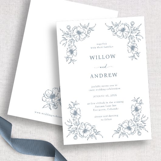Trouw met Vintage Blauwe Bloemen Kaart