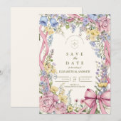 Trouw met vintage bloemenframe save the date (Voorkant / Achterkant)