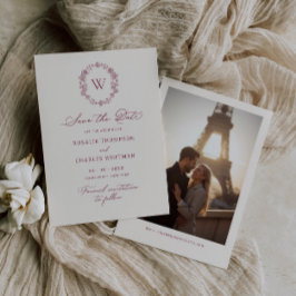 Trouw met vintage bloemmotief en monogram in borde save the date