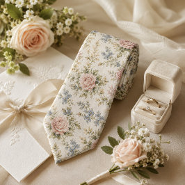 Trouw met vintage blushroos en blauwe bloemen stropdas