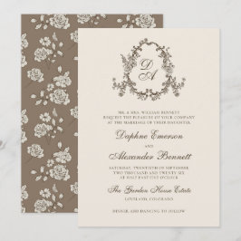 Trouw met vintage bruine bloemige monogram wapensc kaart