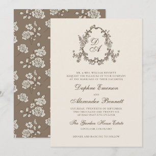Trouw met vintage bruine bloemige monogram wapensc kaart