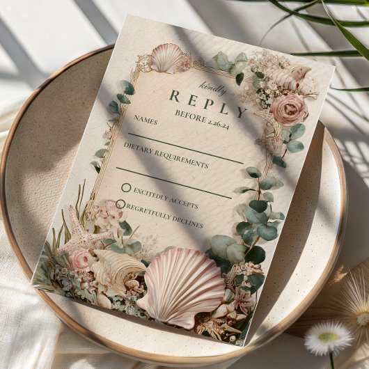 Trouw met Vintage Coastal Shell Romance RSVP Kaartje