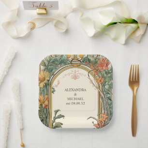 Trouw met Vintage Florale Art Nouveau Papieren Bordje