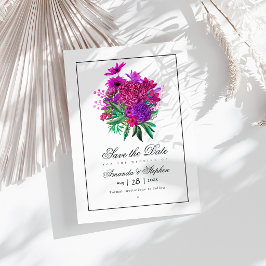 Trouw met vintage fuchsia en paarse bloemen save the date
