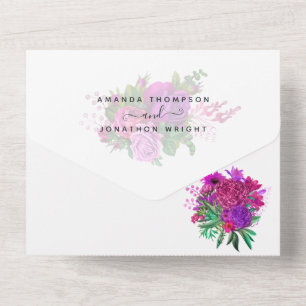 Trouw met vintage fuchsia en paarse shabby bloemen all in one uitnodiging