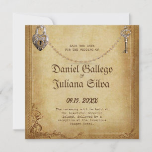 Trouw met vintage gotische skelet sleutel save the date