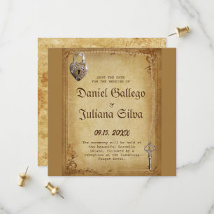Trouw met vintage gotische skelet sleutel save the date