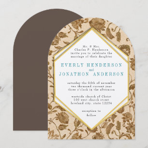 Trouw met vintage gouden en bruine bloempatroon kaart