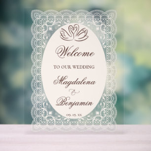 Trouw met vintage ivoor kant elegante bruine zwaan acryl bord