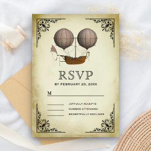 Trouw met vintage luchtschip hete luchtballon RSVP kaartje