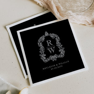 Trouw met vintage monogram wapenschild namen zwart servet