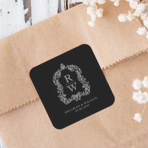 Trouw met vintage monogram wapenschild namen zwart vierkante sticker