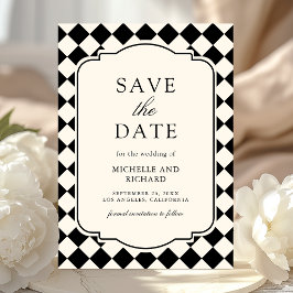 Trouw met vintage oude geld ivoor zwart geruit save the date