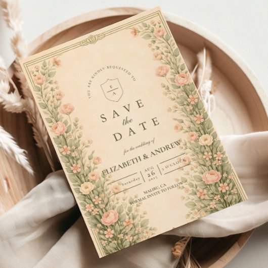 Trouw met vintage rozentuinboog save the date