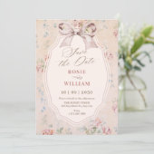 Trouw met vintage strik save the date (Staand voorkant)