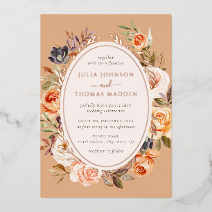 Trouw met vintage verbrande oranje bloemen en blad folie uitnodiging