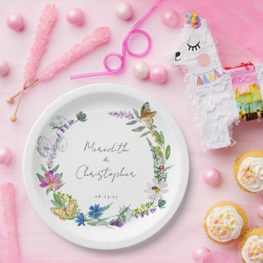 Trouw met vlinders Wildflowers Papieren Bordje (Feest)