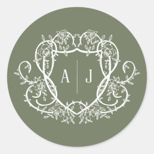 Trouw met wandelende roos sage monogram wapen stic ronde sticker
