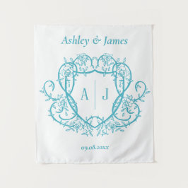 Trouw met wandelende roos turquoise monogram wapen wandkleed